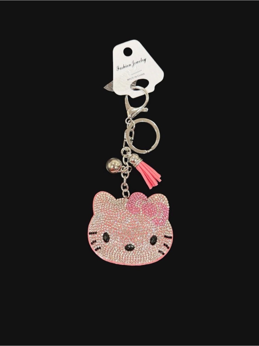 Girls Pink Sparkle Cat Keychain with Tassel